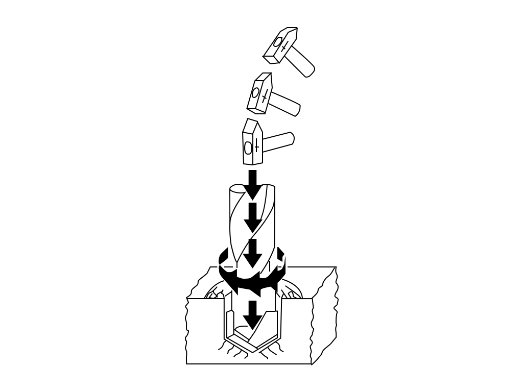 Graphic shows the axial impact movement of an impact drill.